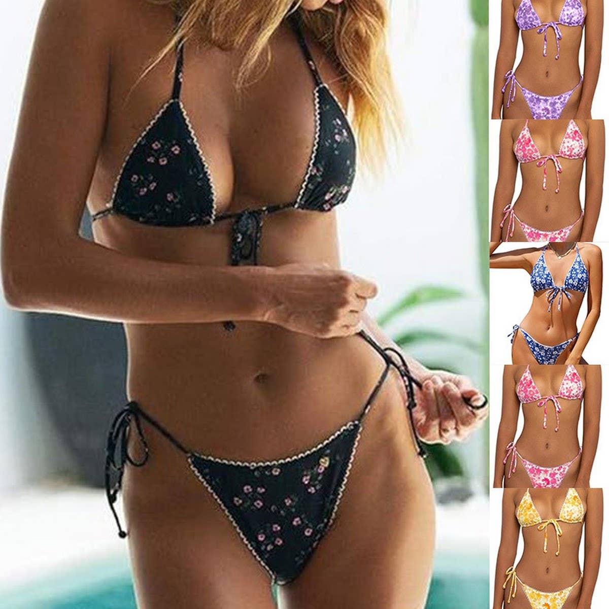 FLORAL DEEP V PUSH-UP BIKINI TWO-PIECE SWIMSUIT