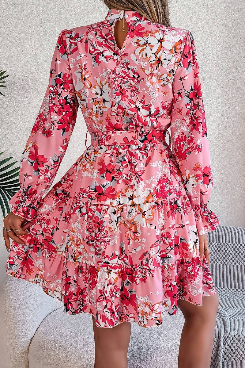 CWDSD5774_FLORAL DRESS WITH WAIST TUCKED HIGH NECK
