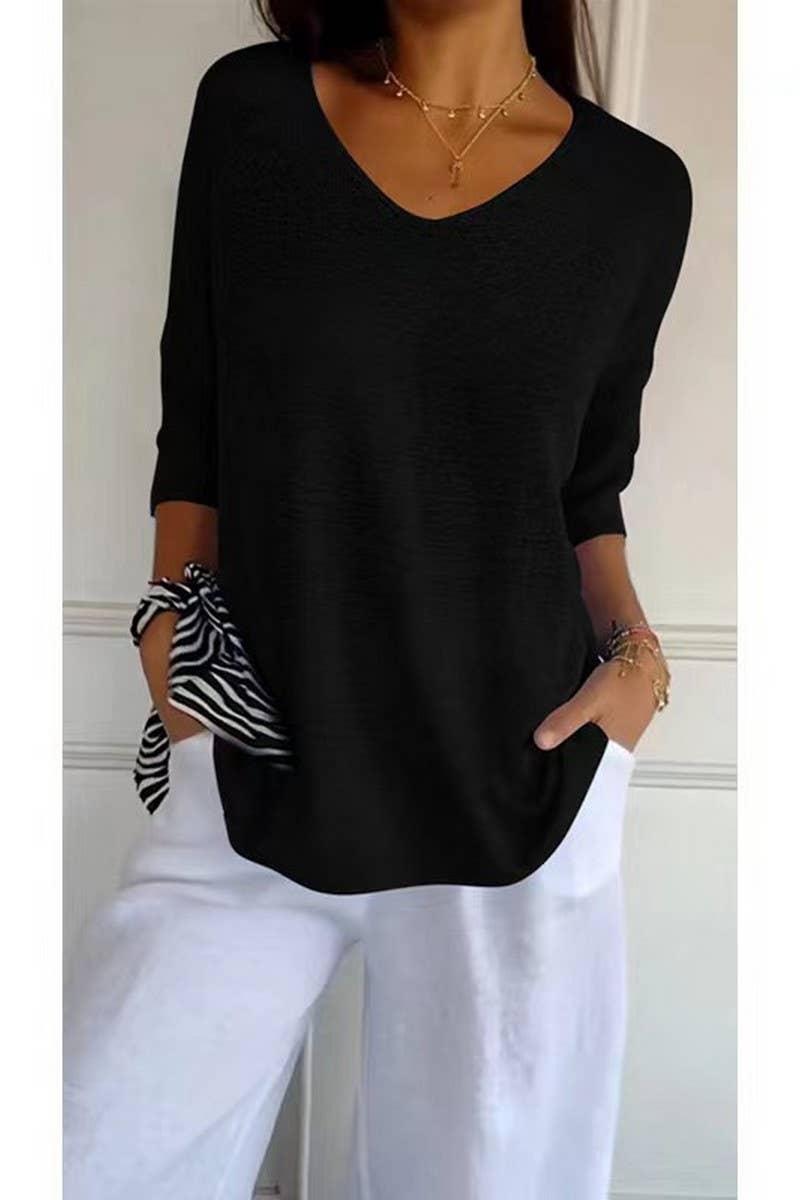 CWOSWL07659_V-NECK SOLID COLOR KNITTED BOTTOMING TOP