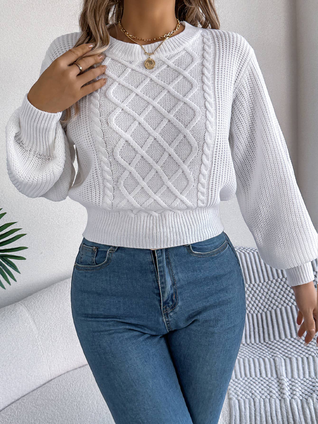 Lantern long-sleeved cinched-waist sweater