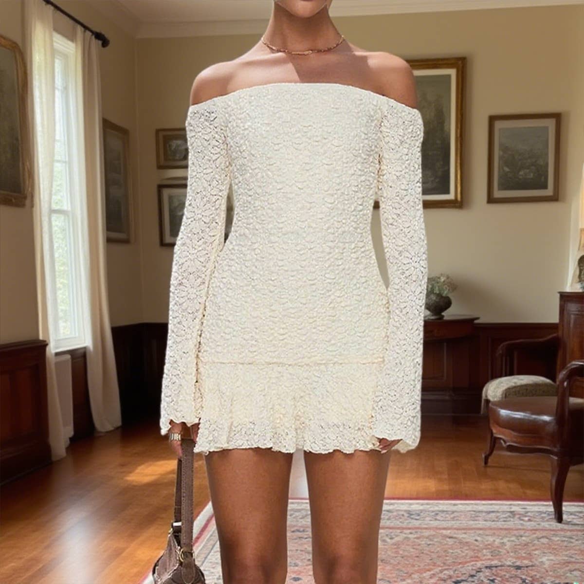 One-neck fitted long-sleeved ruffled dress