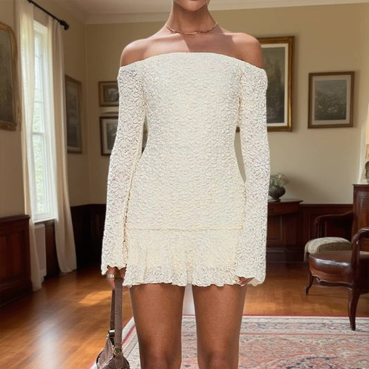 One-neck fitted long-sleeved ruffled dress