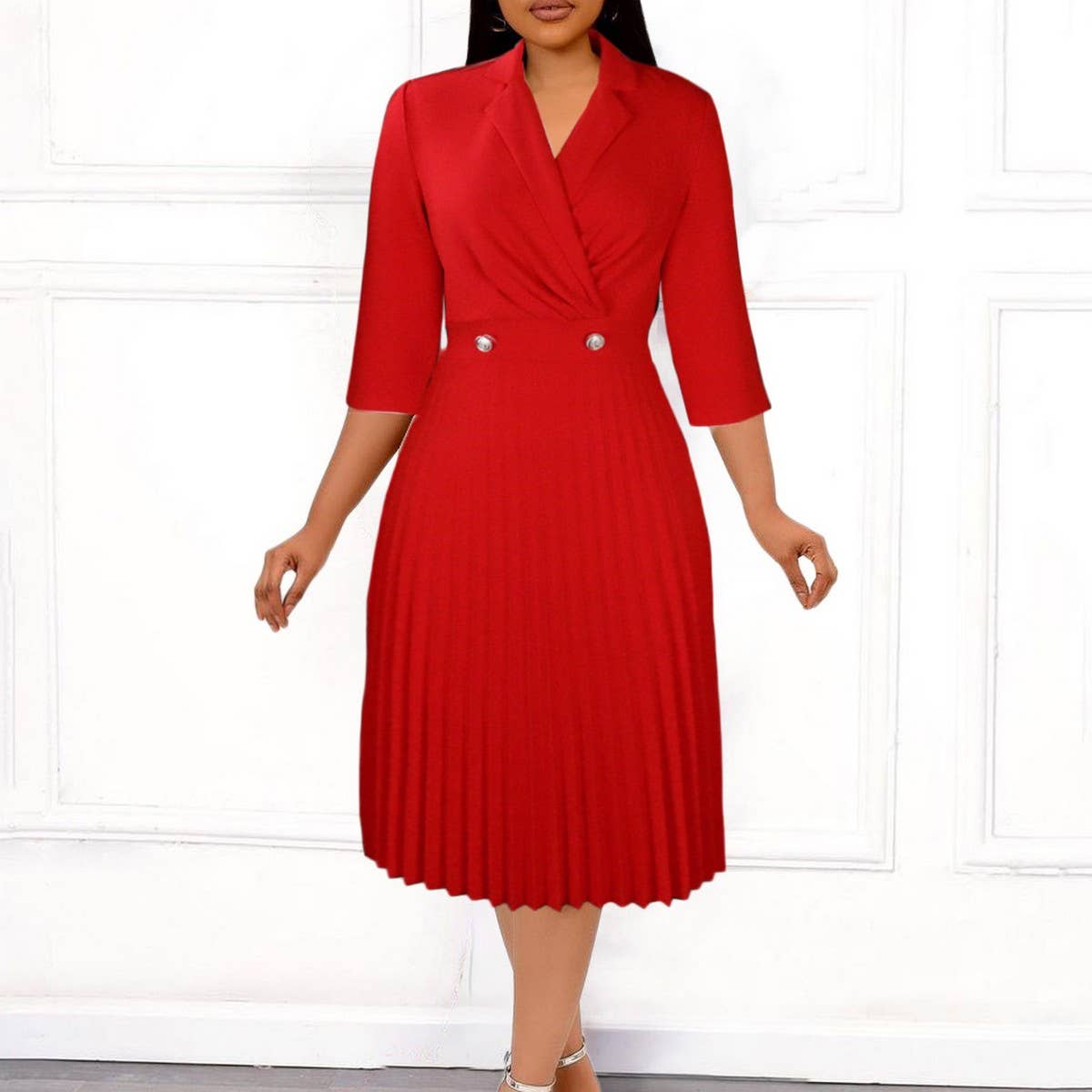 SOLID COLOR ELEGANT SUITCOLLAR PLEATED LAPEL DRESS_CWDMD3718