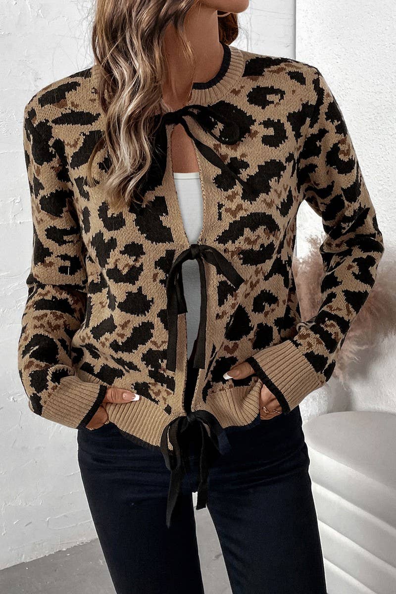 CWOCAL1557_LEOPARD PRINT BOW TIE KNITTED SWEATER CARDIGAN