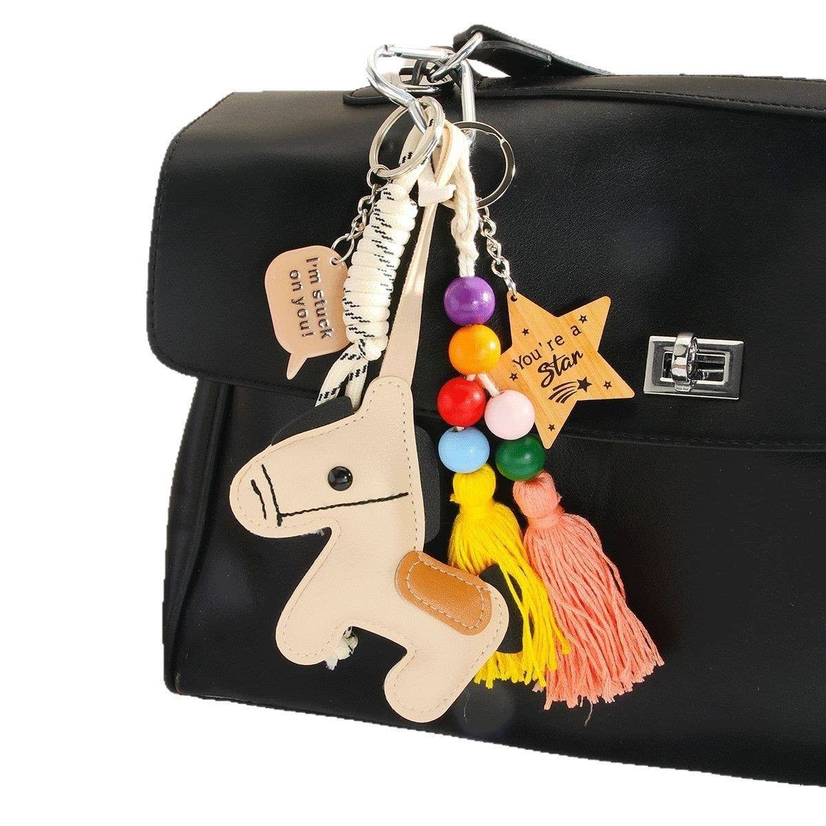 Cream PU Pony Tassel Star Bag Charm Keychain