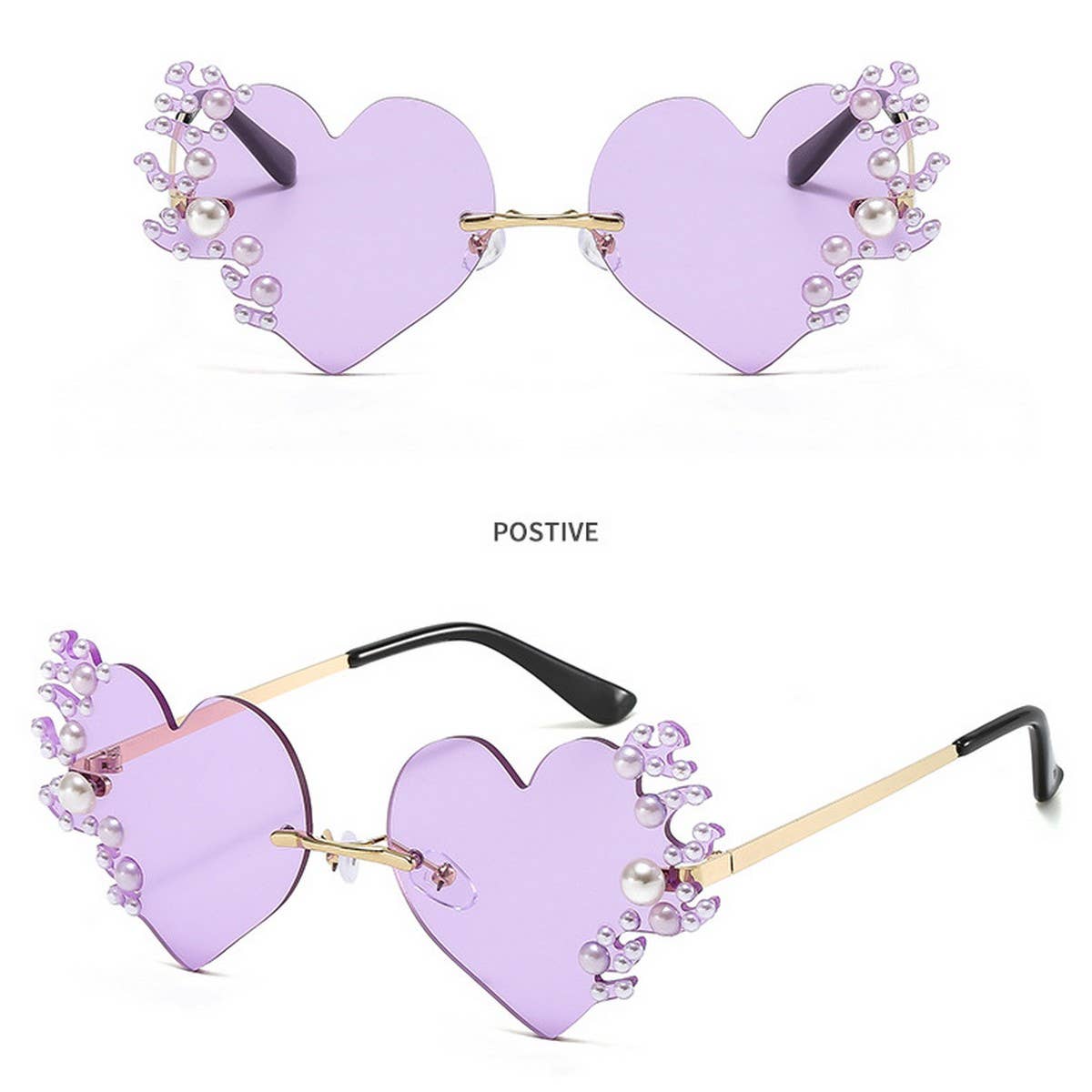 METAL RIMLESS PEARL HEART TEARS SUNGLASSES