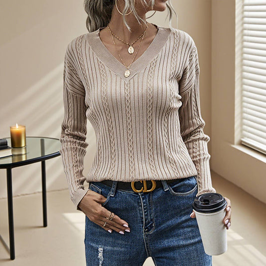 V-neck solid color loose pullover sweater