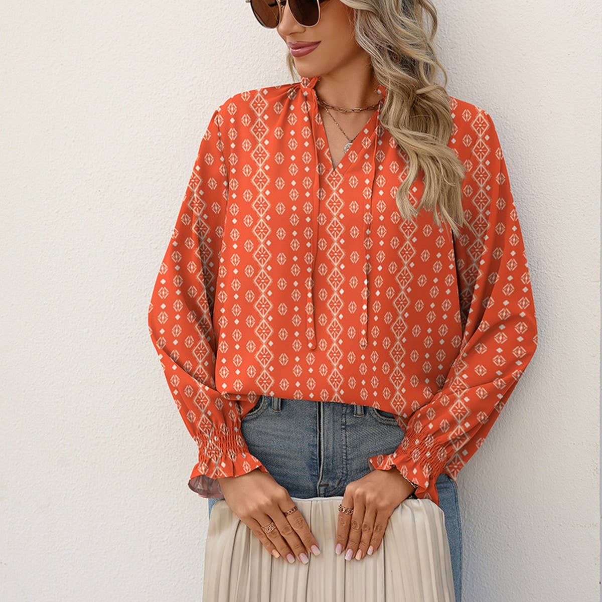 V-neck lace-up printed stand-up collar shirt