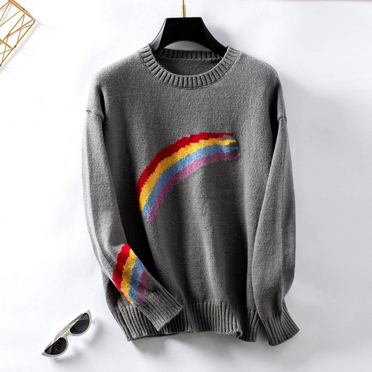 Stylish rainbow striped jacquard knitwear