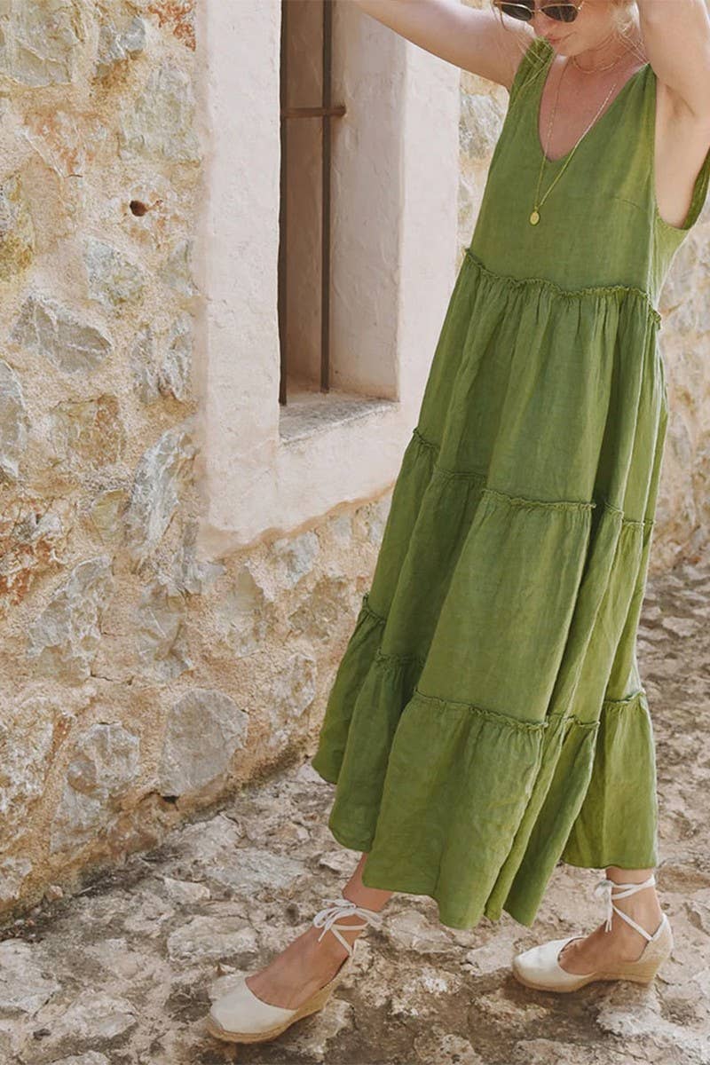 CWDMD2443_SLEEVELESS SOLID COLOR COTTON AND LINEN DRESS