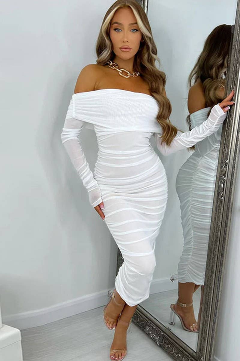 CWDMD01068_SOLID OFF SHOULDER RUCHED LONG SLEEVE DRESS