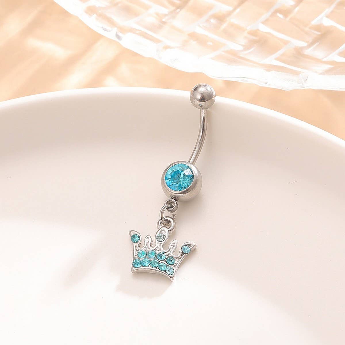Blue CZ Crown Belly Ring Stainless Steel Piercing_CWMM9318