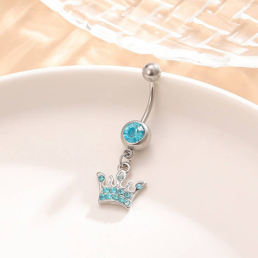 Blue CZ Crown Belly Ring Stainless Steel Piercing_CWMM9318