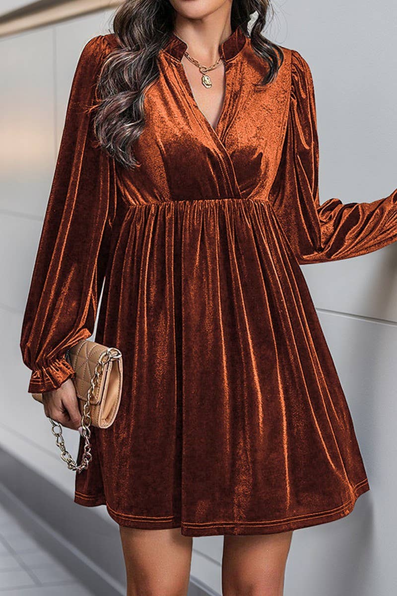 CWDSD6217_V-NECK LONG-SLEEVED GOLD VELVET DRESS