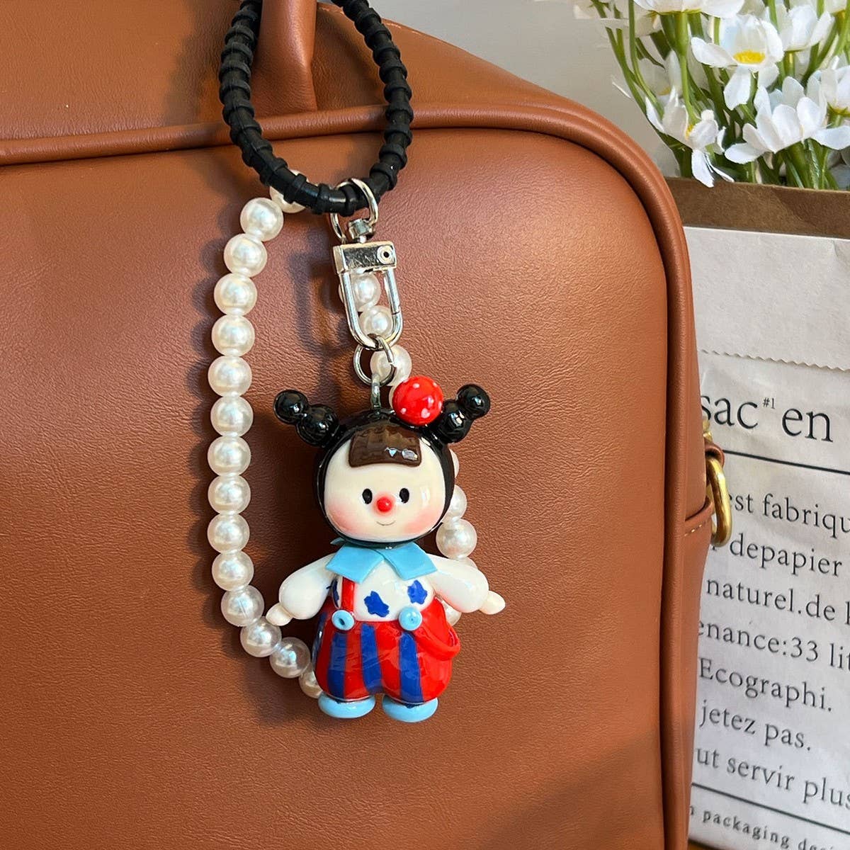 New Cartoon Clay Keychain Pearl Chain Gift Charm