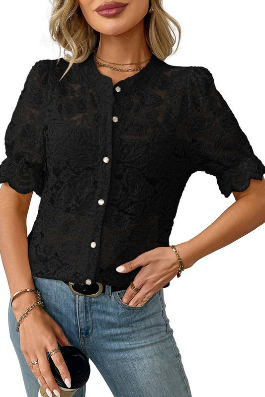 Cwtbls1621_Short Sleeve Casual Button Lace Shirt