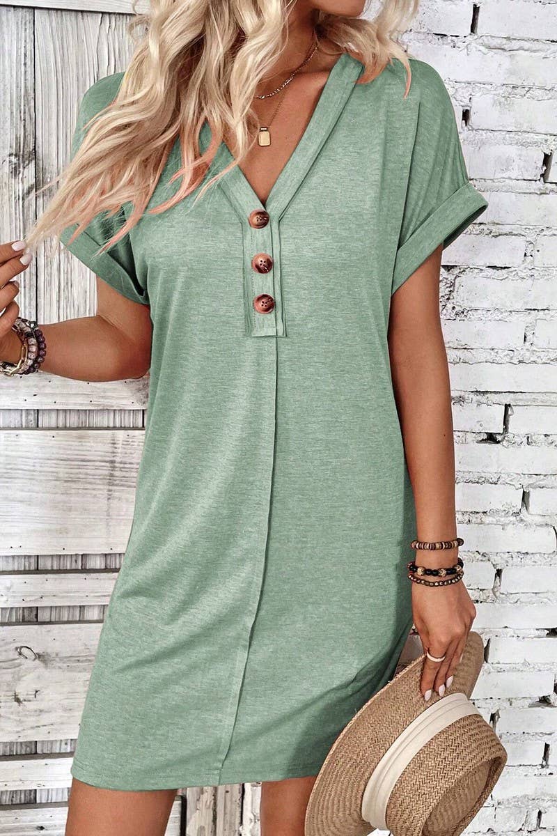 CWDTD0425_SUMMER V-NECK FASHIONABLE RAGLAN SLEEVE DRESS
