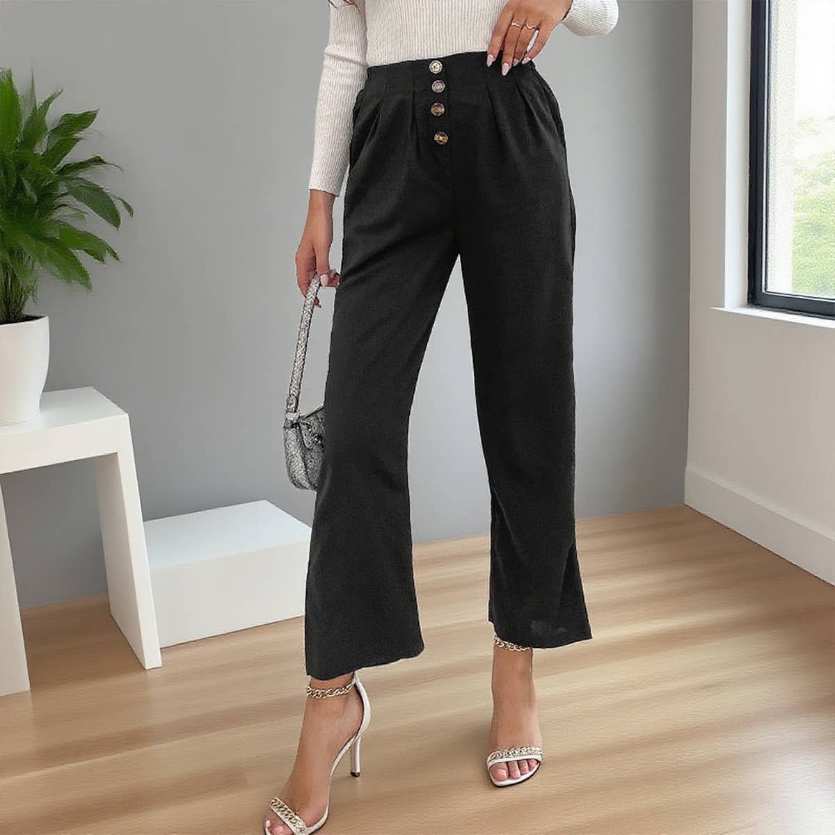 Button-down nine-inch straight wide-leg pants