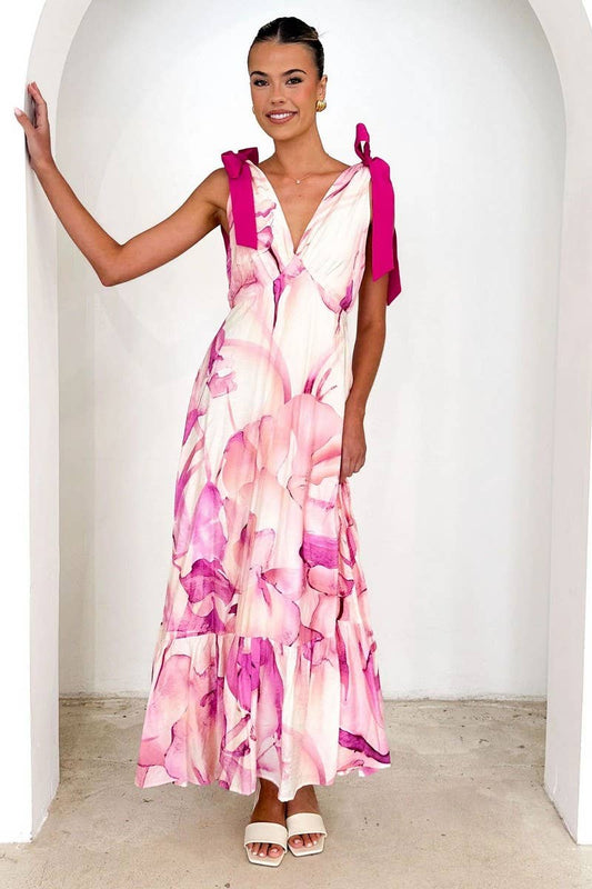 CWDMD5219_TIE-BACK V-NECK SLEEVELESS FLORAL MAXI DRESS