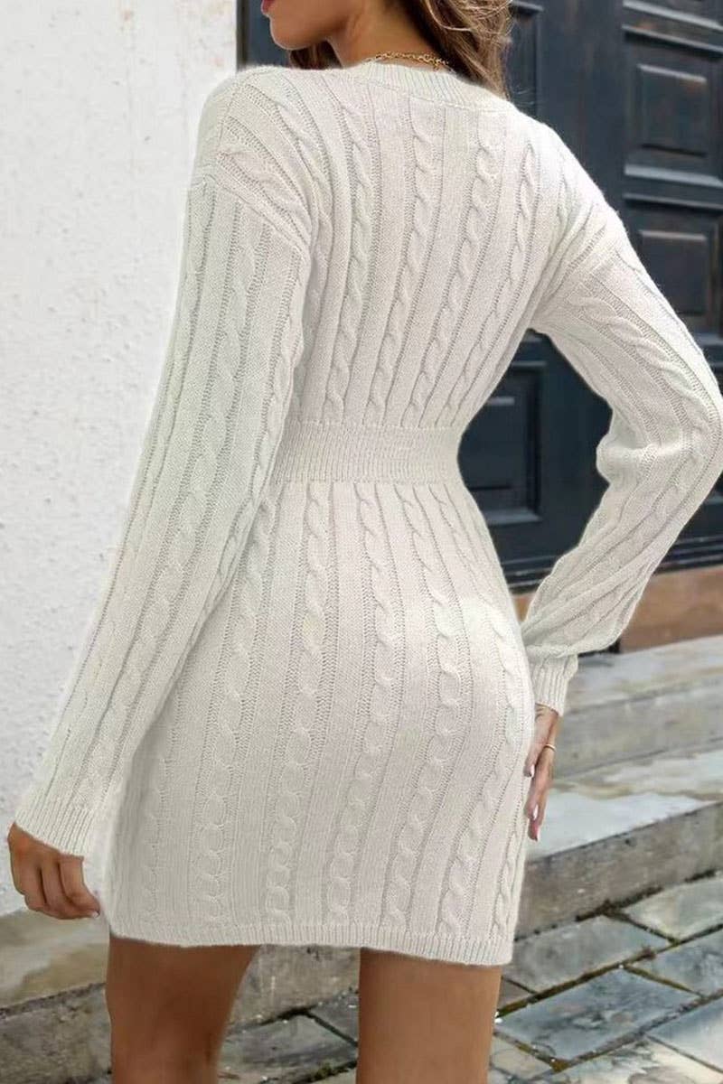 V-neck waistband twist wrap hip sweater dress