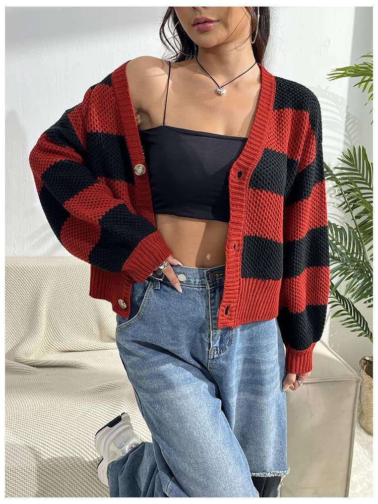 WOMEN SWEATER CONTRAST RED AND BLACK STRIPED COAT