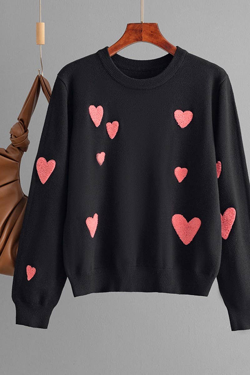CWOSWL07294_HEART EMBROIDERED FLOCKED KNIT PULLOVER SWEATER