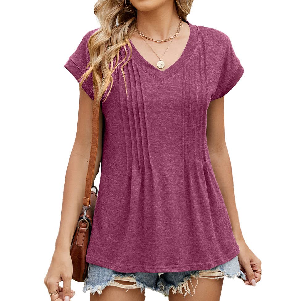 Solid color V-neck with short-sleeved T-shirt