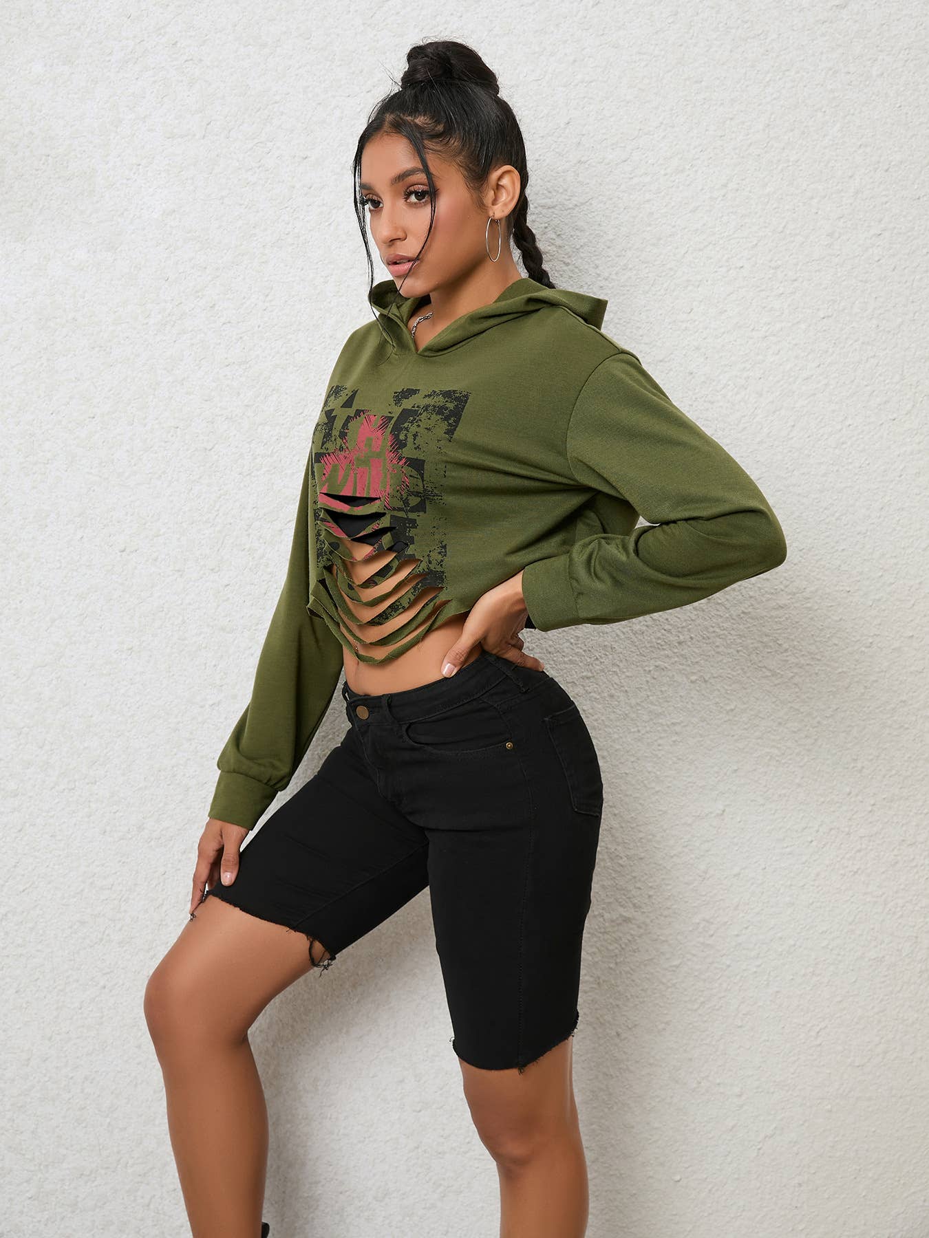 Solid color sexy hooded street style short hoodie