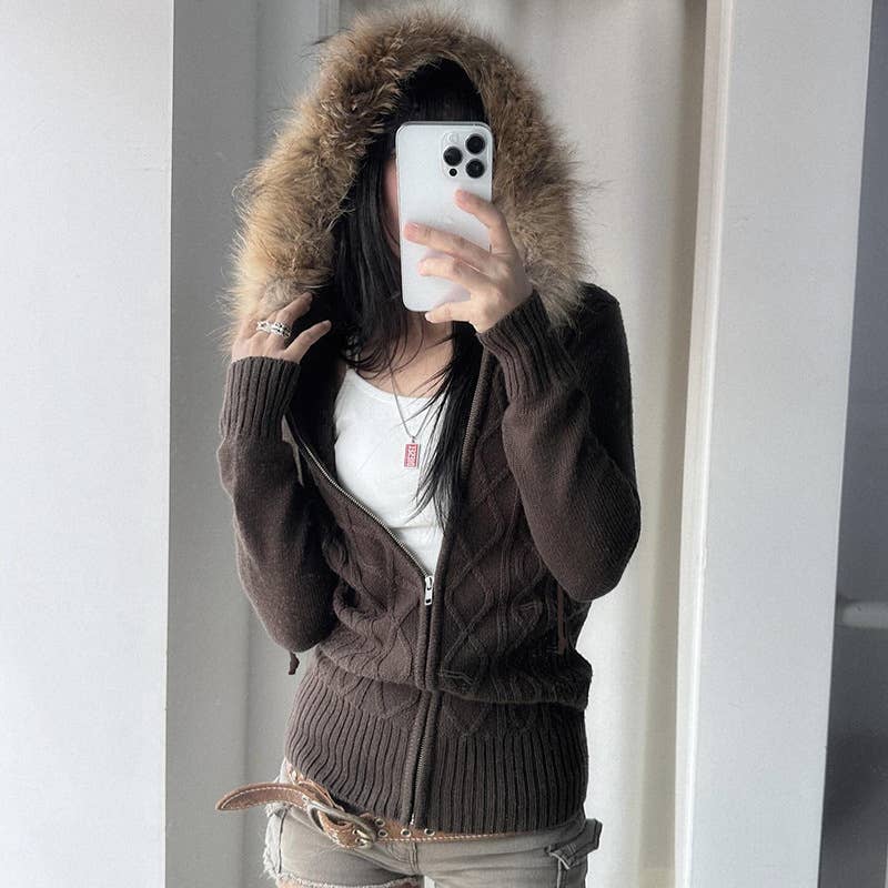 VINTAGE TWIST ZIPPER FUR HOODED CARDIGAN COAT