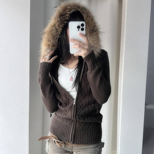 VINTAGE TWIST ZIPPER FUR HOODED CARDIGAN COAT