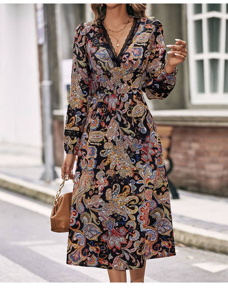 LACE V-NECK PRINT SLIM-FIT TEMPERAMENT DRESS