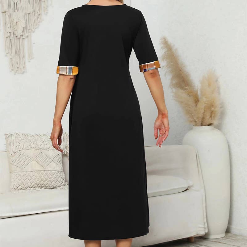 ROUND NECK COLOR CONTRAST IRREGULAR LONG DRESS