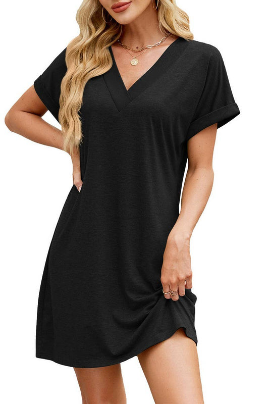 CWDSD7434_SPRING AND SUMMER V-NECK LOOSE SHORT SLEEVED DRESS