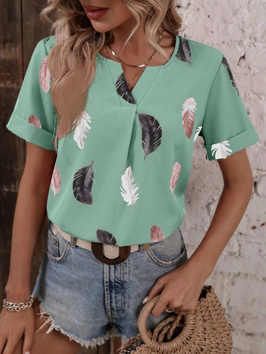 V-NECK FEATHER PRINT SHORT-SLEEVED LOOSE T-SHIRT