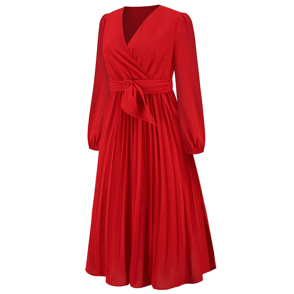 LONG SLEEVE PLEATED BELT SOLID COLOR V-NECK DRESS