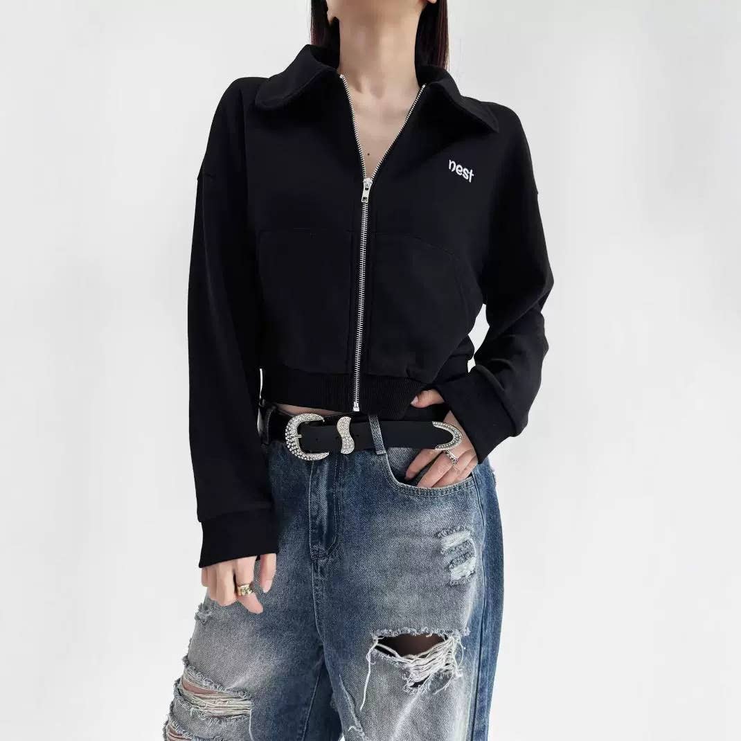 Solid color lapel zipper Short-sleeved cardigan