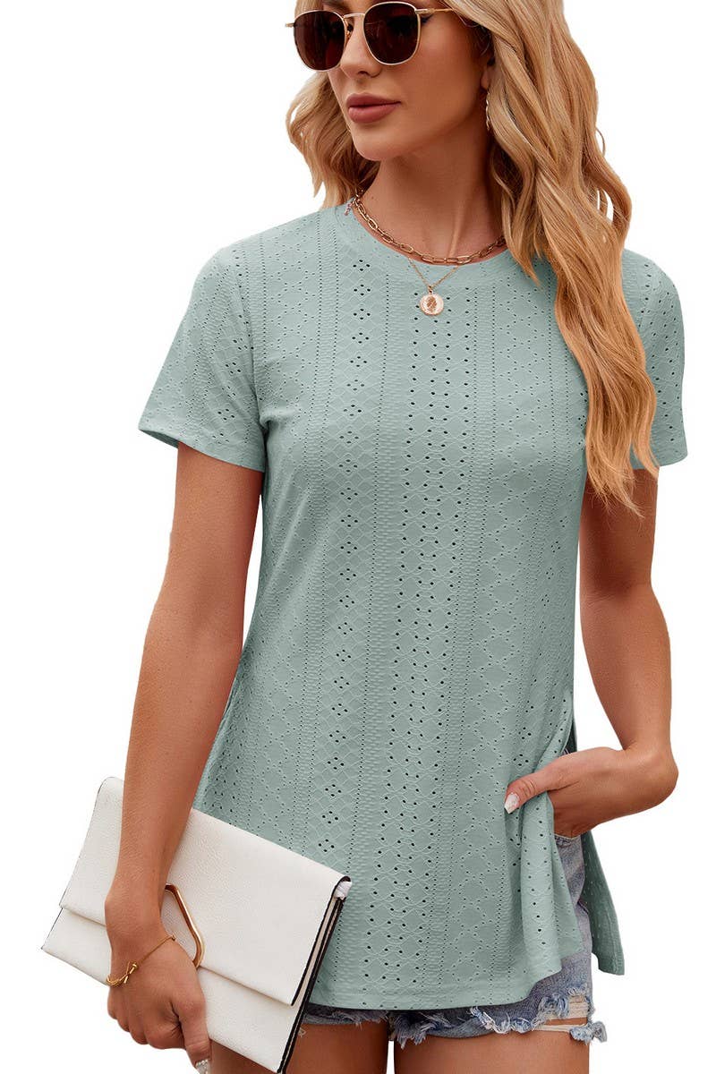 SOLID COLOR CREW NECK SHORT SLEEVE SPLIT TOP_CWTSTS0145