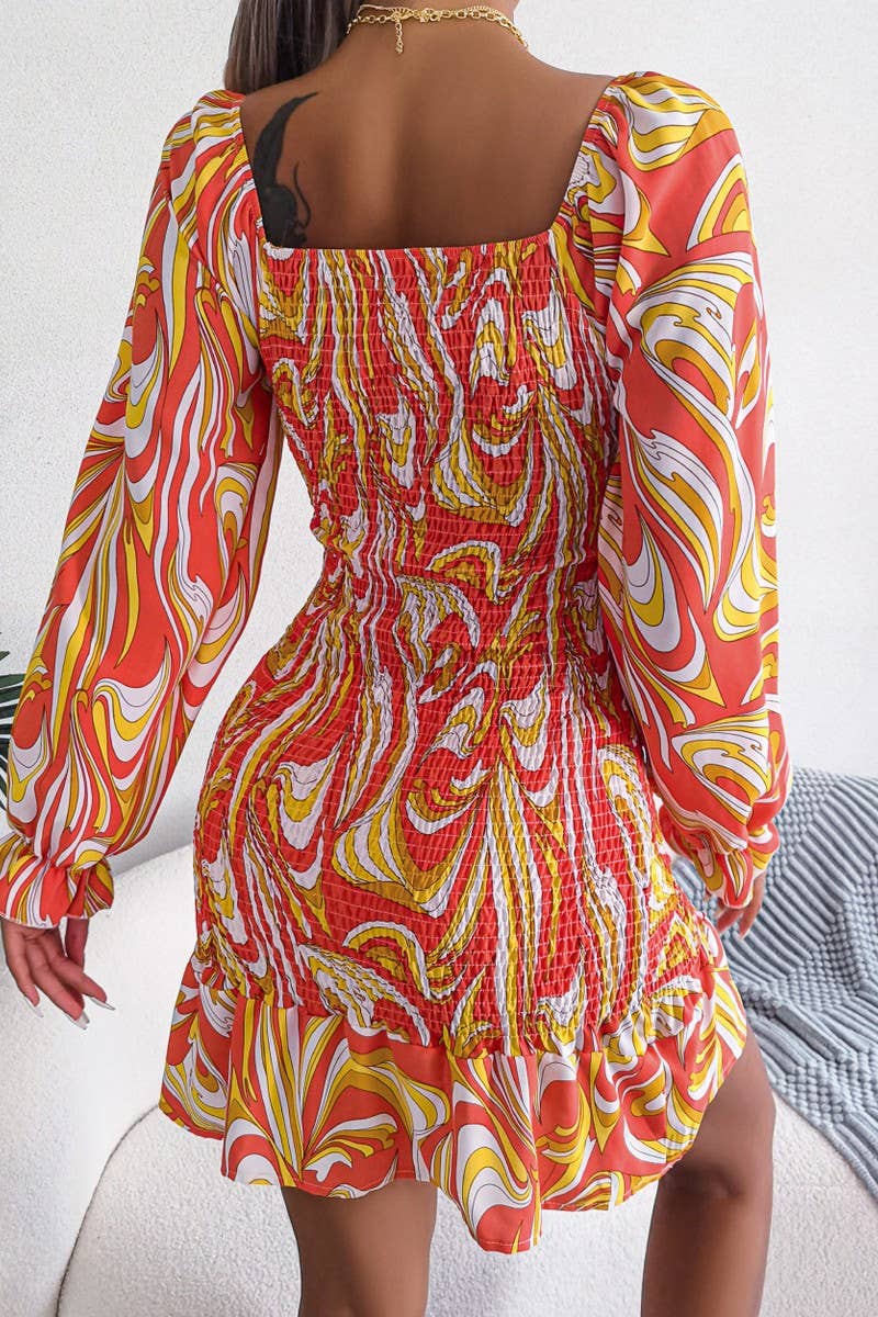 CWDMD4717_SEXY SQUARE NECK LONG SLEEVE RUFFLED HIP DRESS