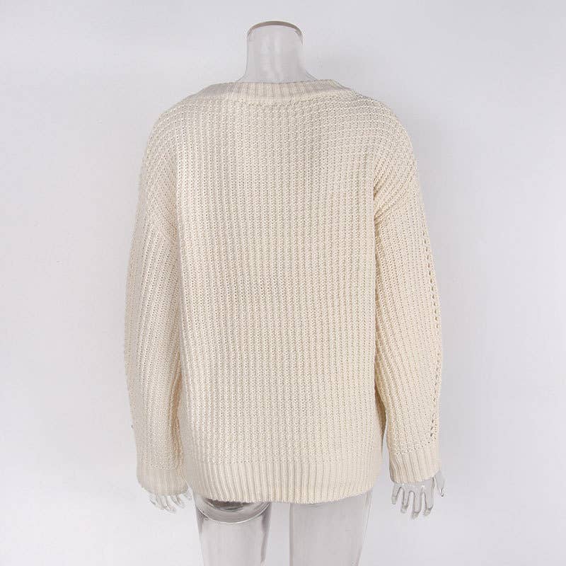 SOLID COLOR CREW NECK TWIST PULLOVER SWEATER