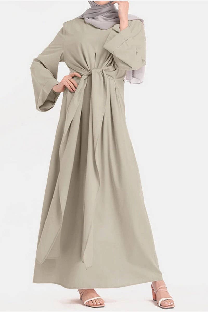 CWDMD3262_MUSLIM SOLID COLOR BELTED ROBE DRESS