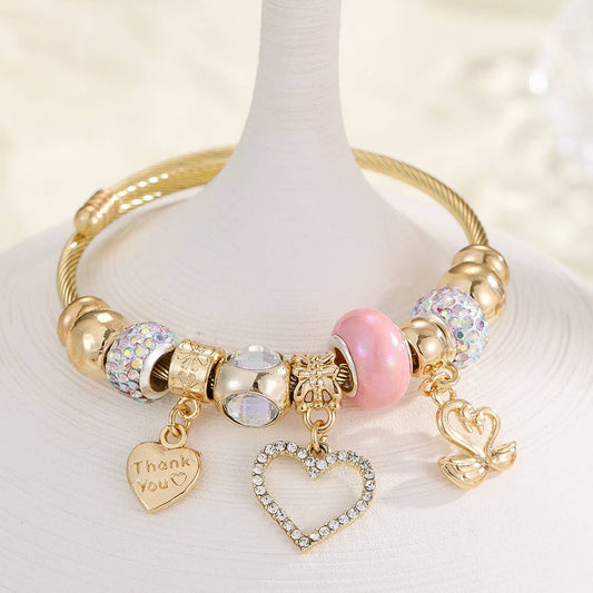 Trendy Beaded Bracelet with Bear Swan Heart