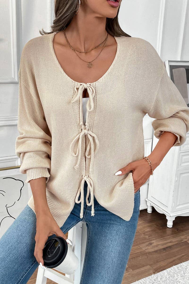 CWOCAL1831_TIE-DRAWSTRING SOLID COLOR CARDIGAN SWEATER COATS