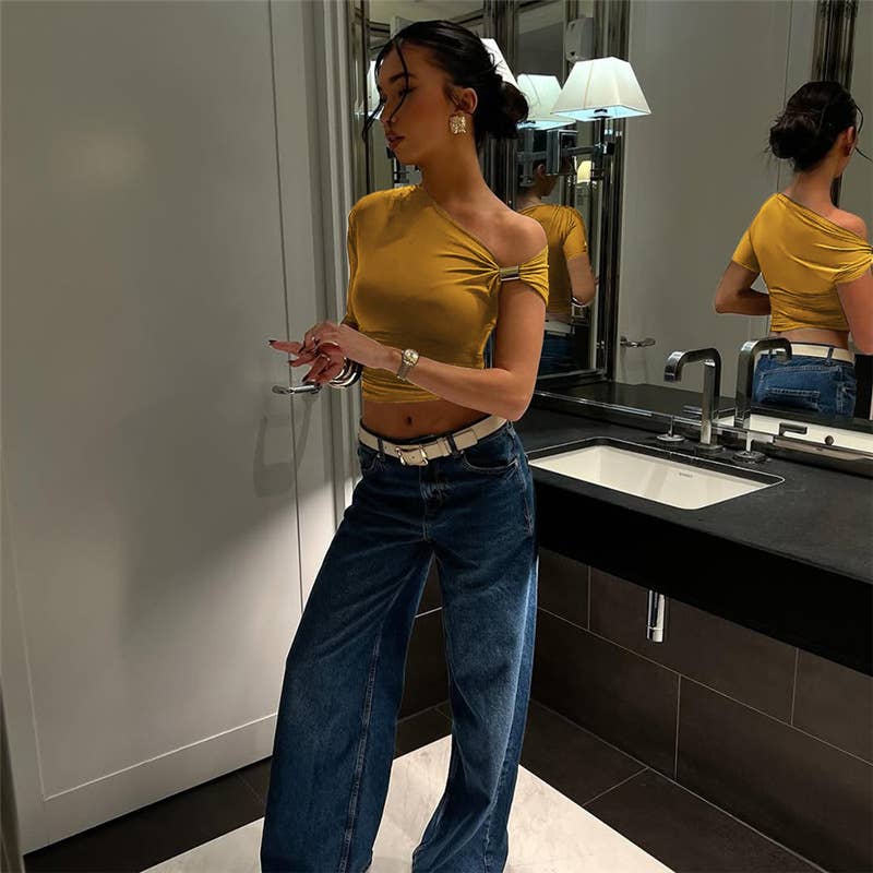 Solid One Shoulder Crop Top