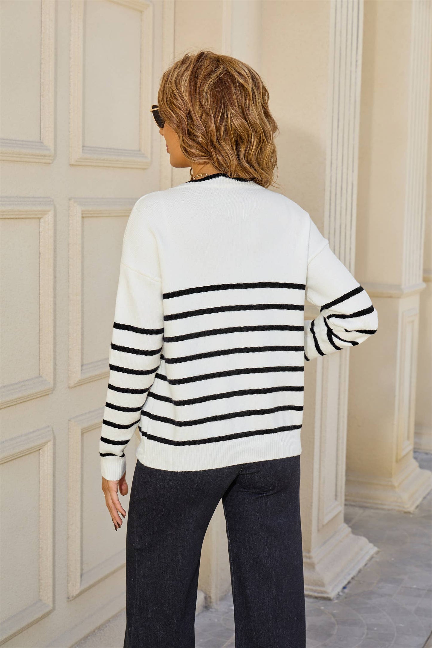 Striped color-blocked loose drawstring cardigan