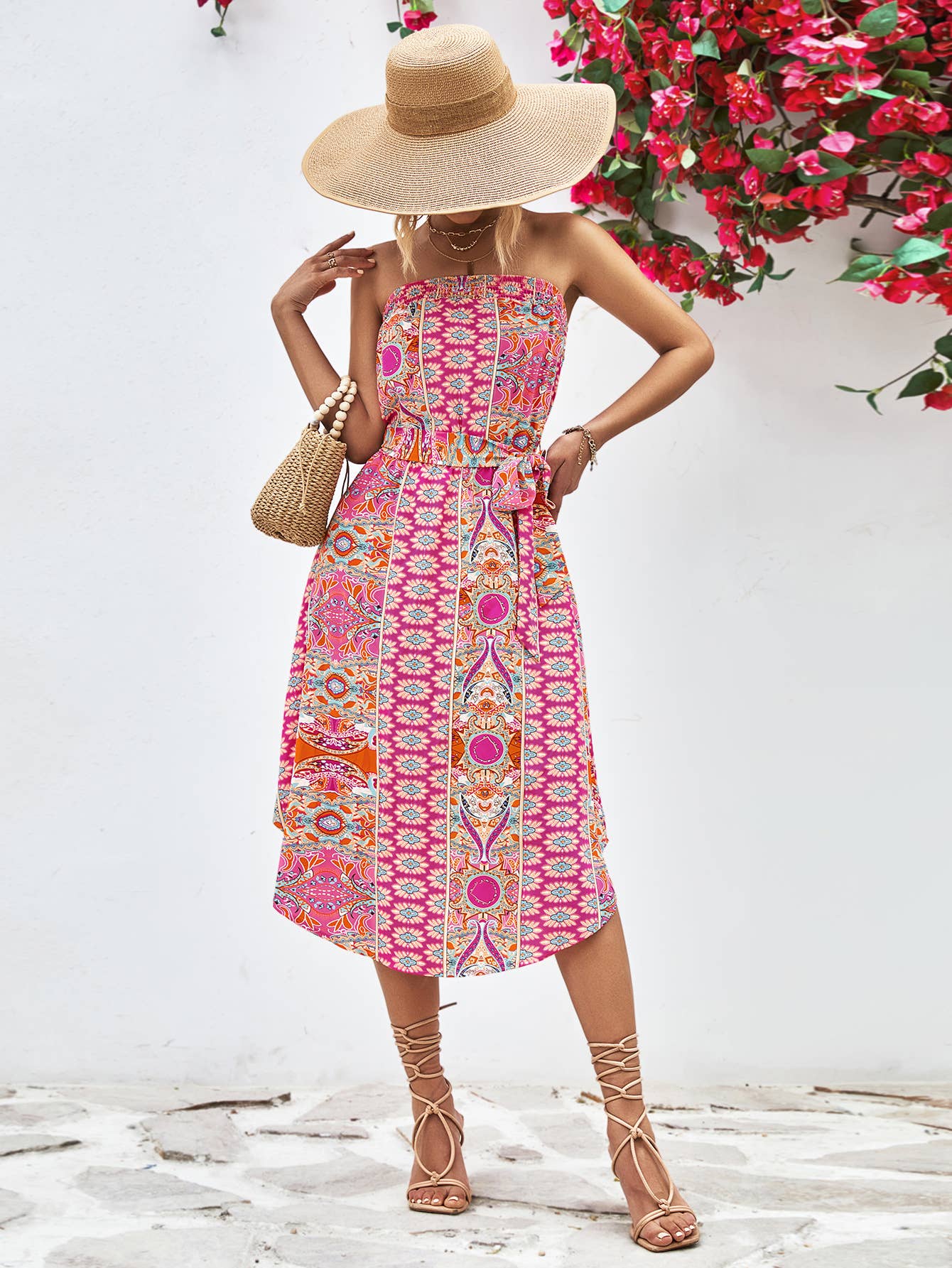 Ethnic print top top lace-up long hip wrap dress