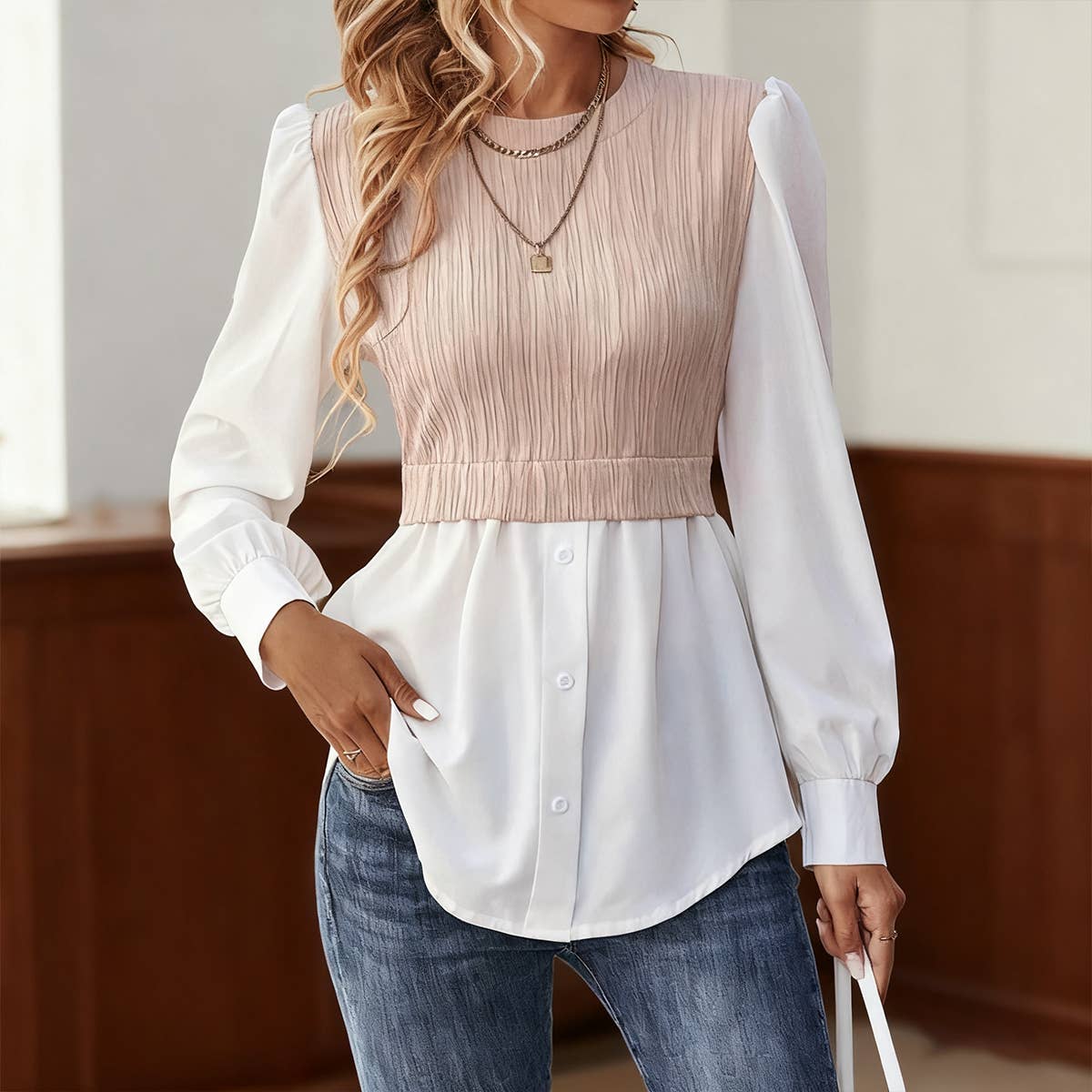 Round-neck wavy striped patchwork shirt