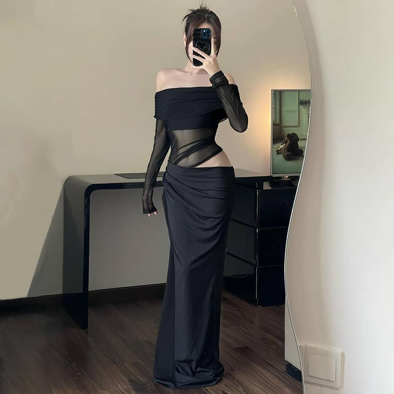 A one-shoulder mesh tulle patchwork cutout dress