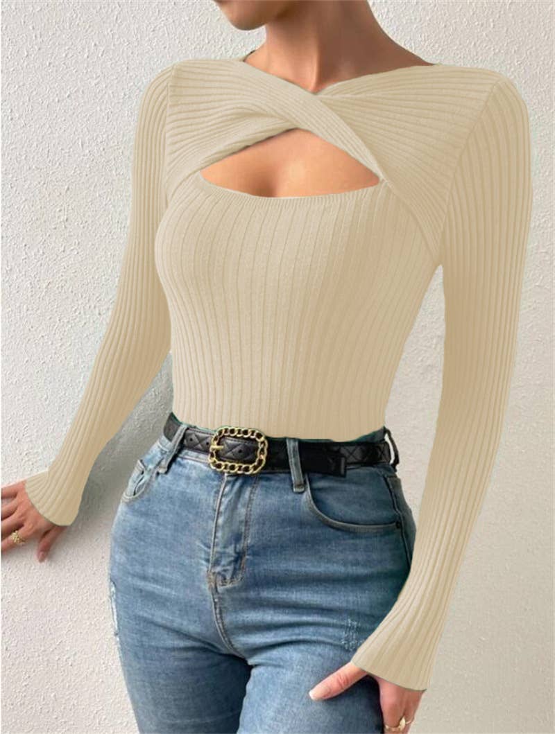 Sexy cut-out pullover solid-color knitted top