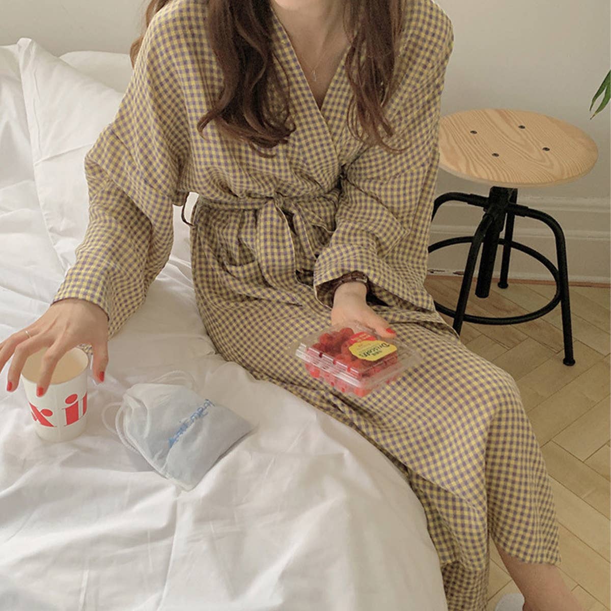 Long front-opening laced home gown gown