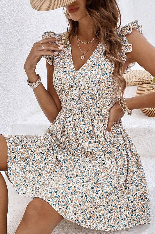 CWDSD8299_V NECK FRENCH FLORAL PRINT RUFFLE DRESS